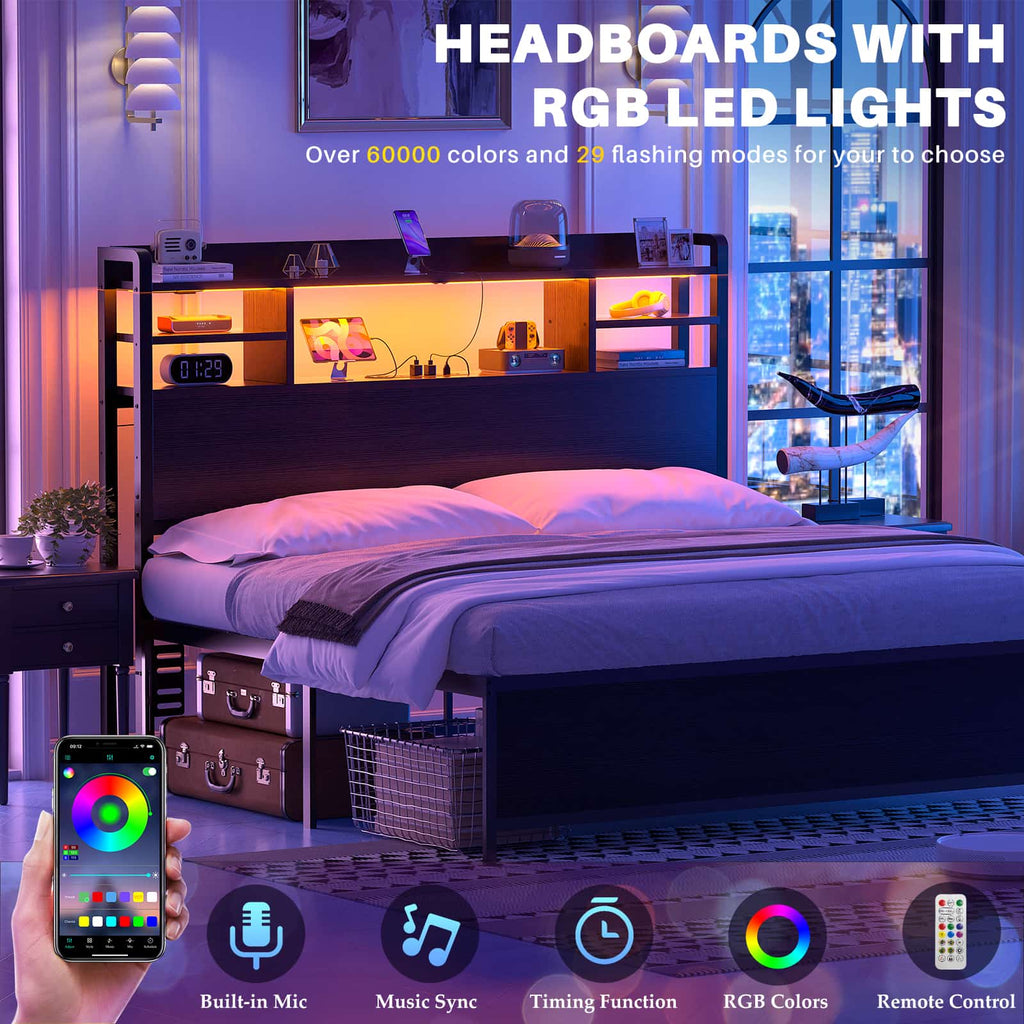 Full Size Headboard with Bookcase Storage, LED Light and Power Outlets