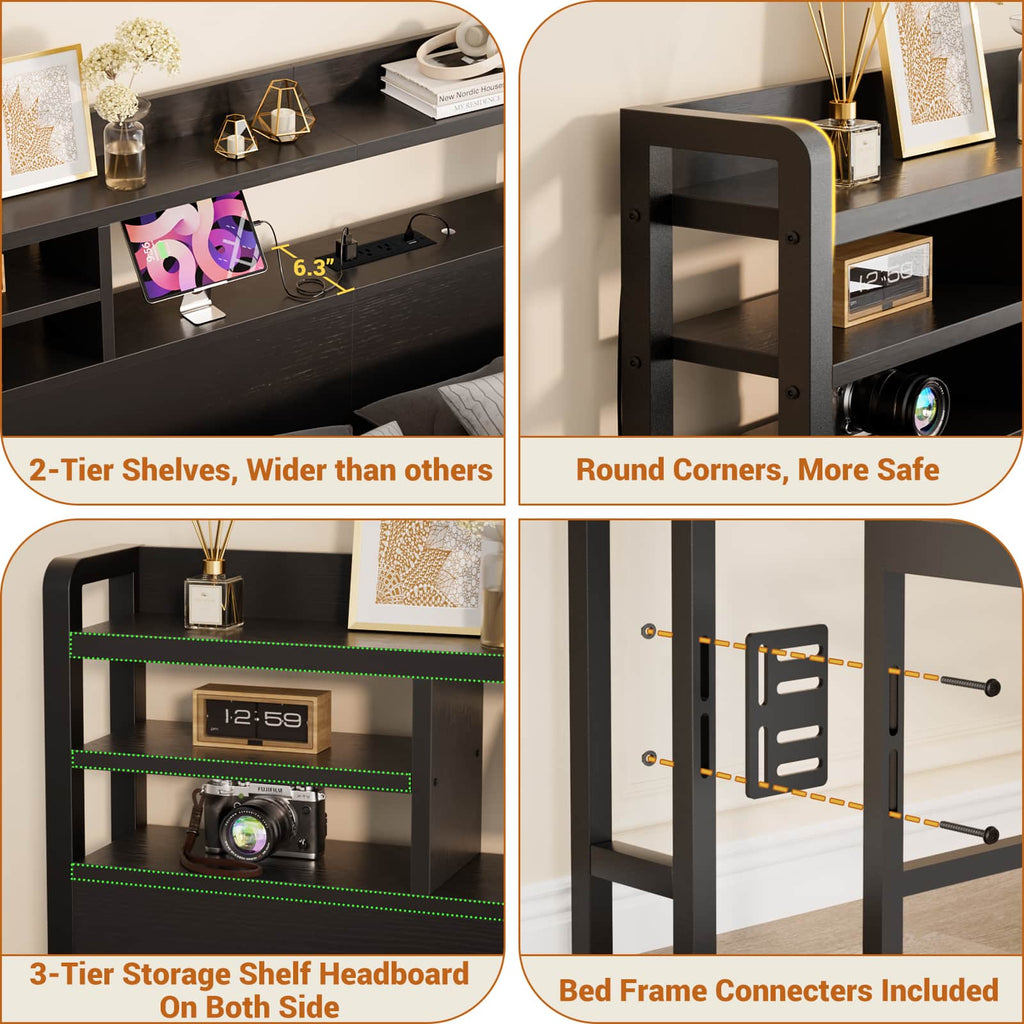Full Size Headboard with Bookcase Storage, LED Light and Power Outlets