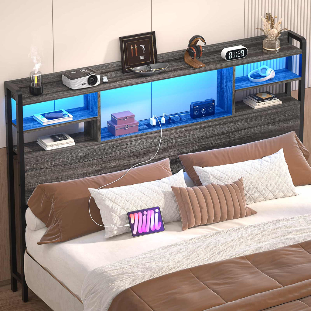 Full Size Headboard with Bookcase Storage, LED Light and Power Outlets