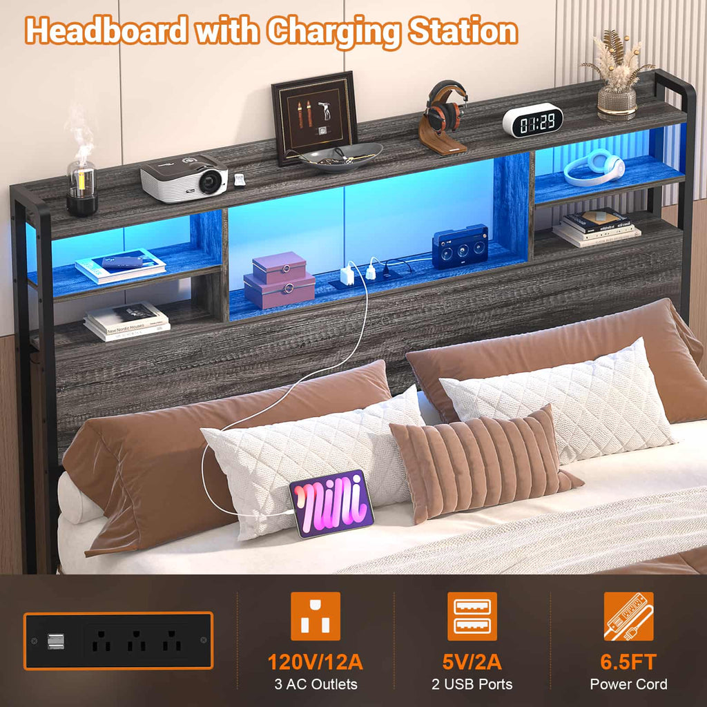 Full Size Headboard with Bookcase Storage, LED Light and Power Outlets