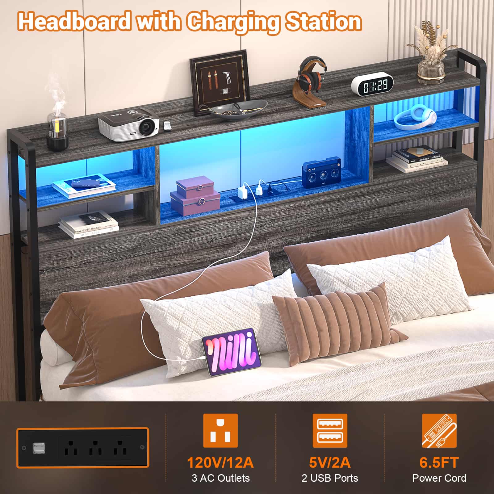 Full Size Headboard with Bookcase Storage, LED Light and Power Outlets