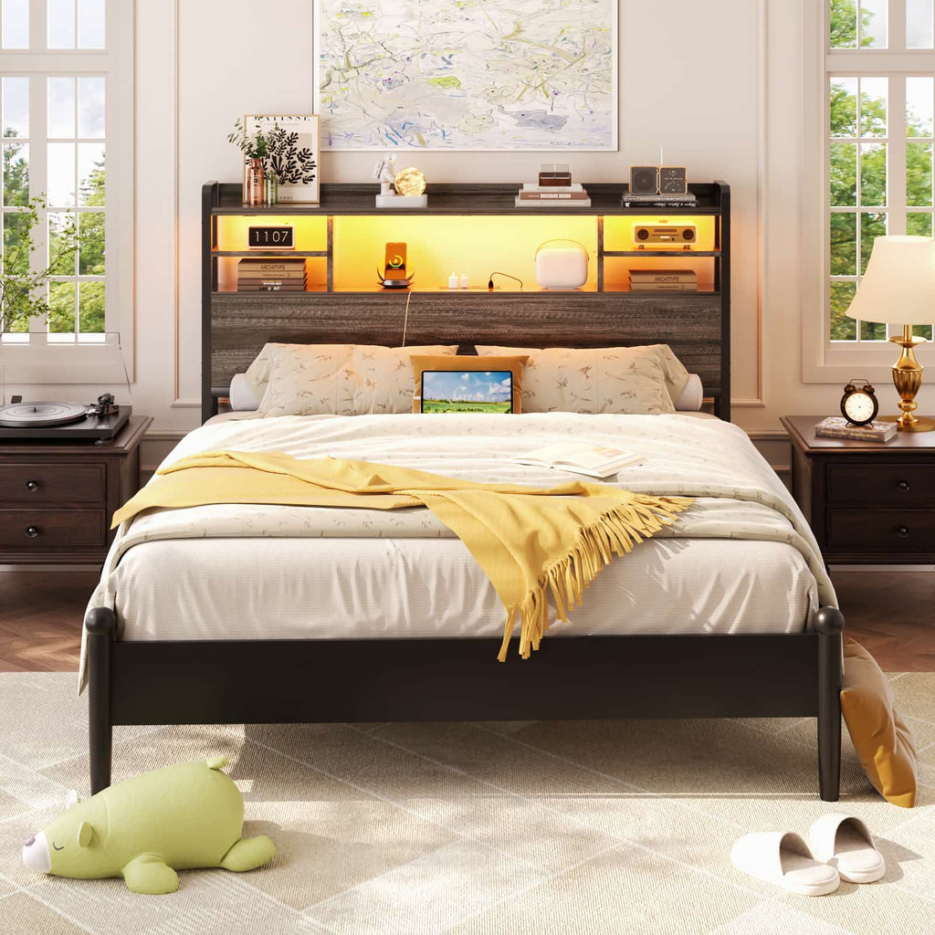 Full Size Headboard with Bookcase Storage, LED Light and Power Outlets