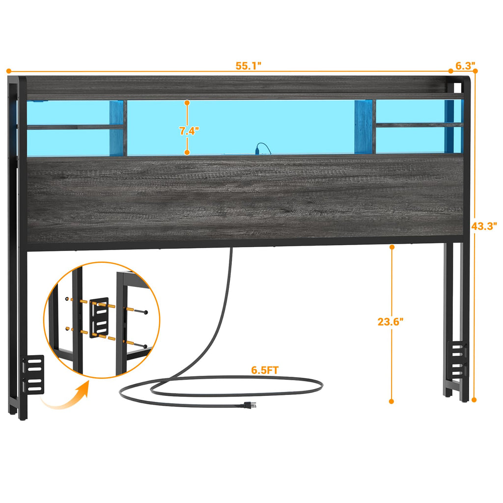 Full Size Headboard with Bookcase Storage, LED Light and Power Outlets