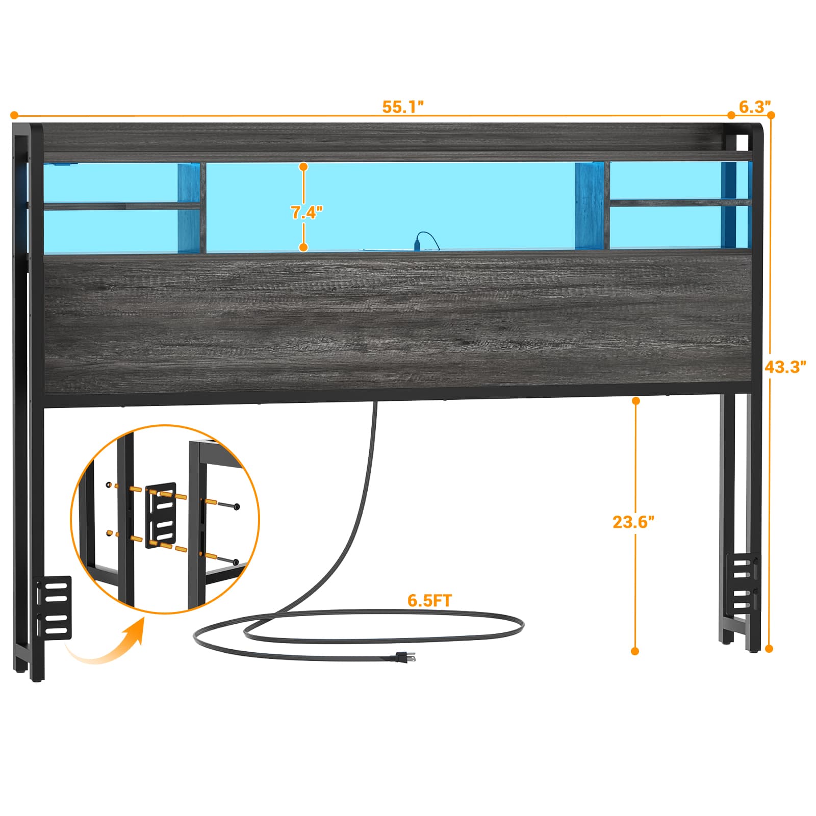 Full Size Headboard with Bookcase Storage, LED Light and Power Outlets