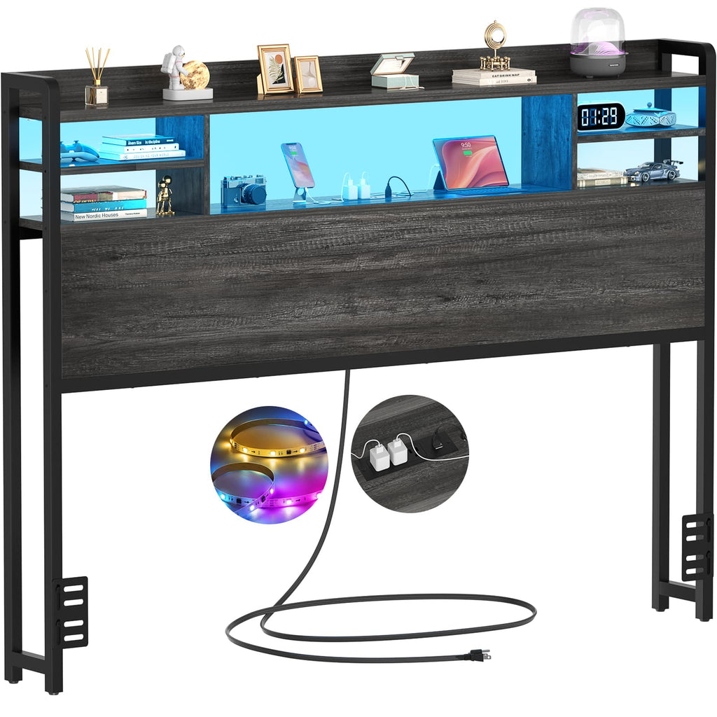Full Size Headboard with Bookcase Storage, LED Light and Power Outlets