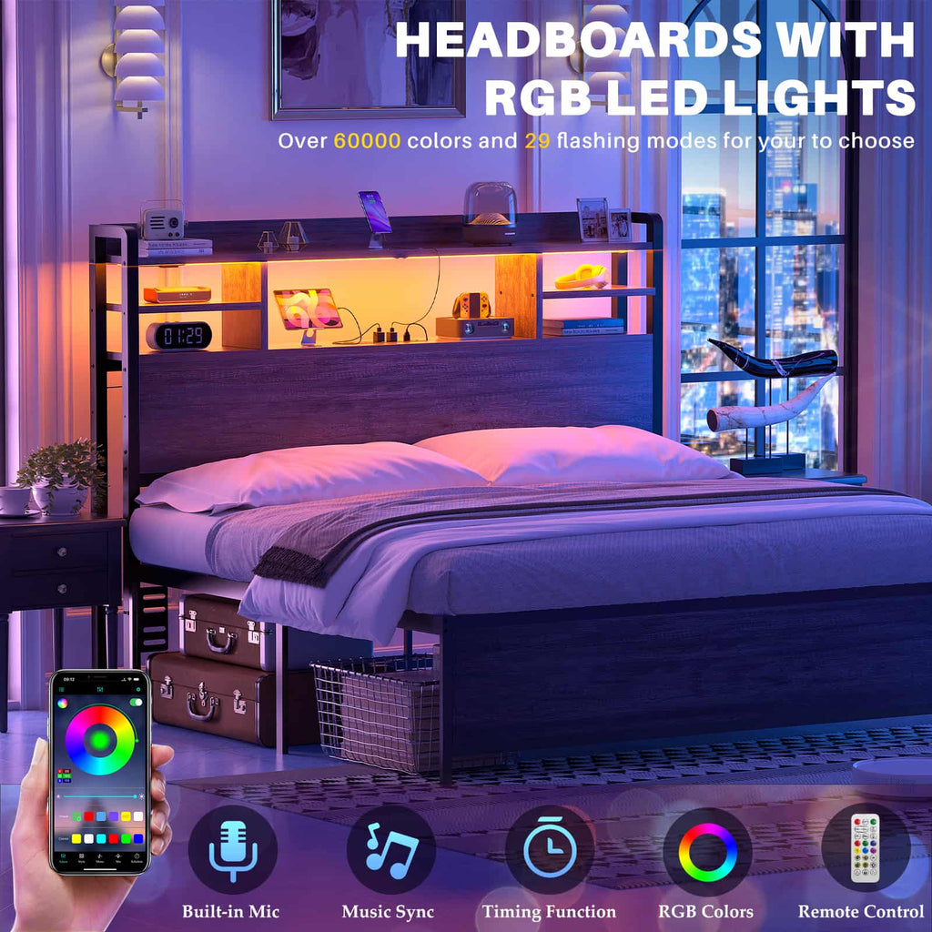 Full Size Headboard with Bookcase Storage, LED Light and Power Outlets