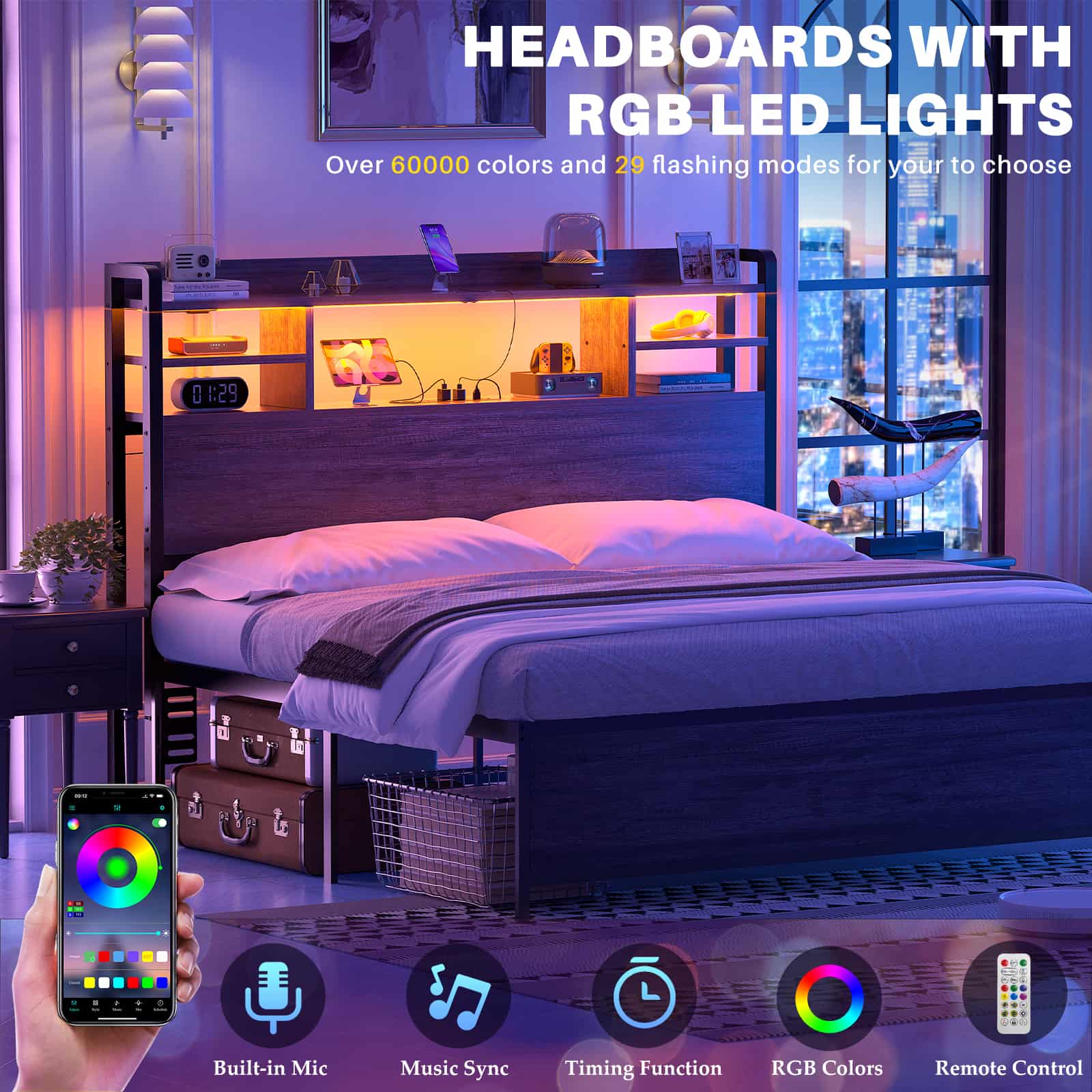 Full Size Headboard with Bookcase Storage, LED Light and Power Outlets