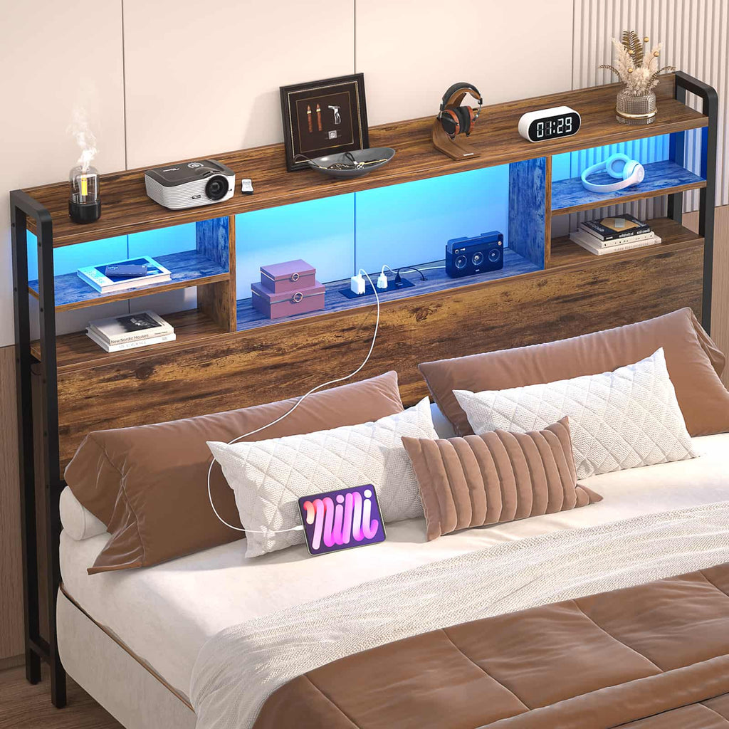 Full Size Headboard with Bookcase Storage, LED Light and Power Outlets