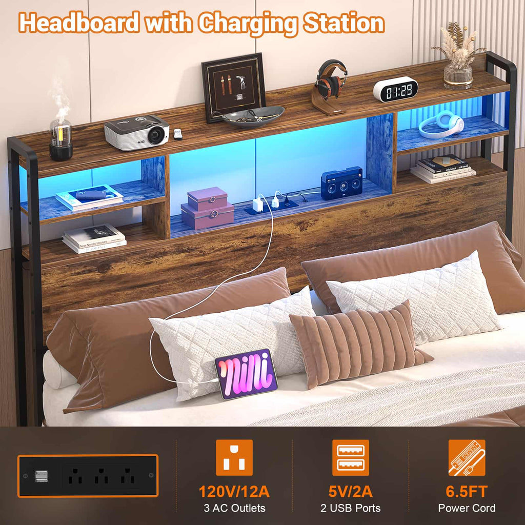 Full Size Headboard with Bookcase Storage, LED Light and Power Outlets