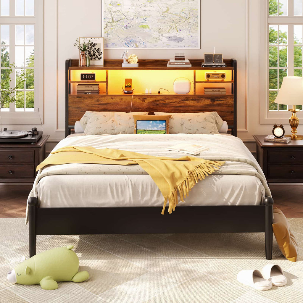 Full Size Headboard with Bookcase Storage, LED Light and Power Outlets