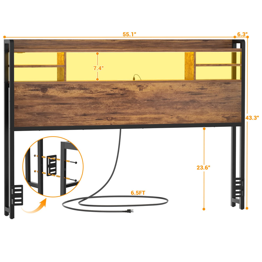 Full Size Headboard with Bookcase Storage, LED Light and Power Outlets