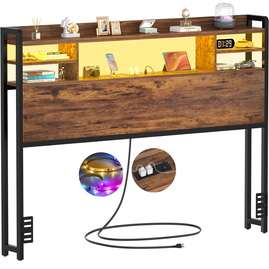 Full Size Headboard with Bookcase Storage, LED Light and Power Outlets