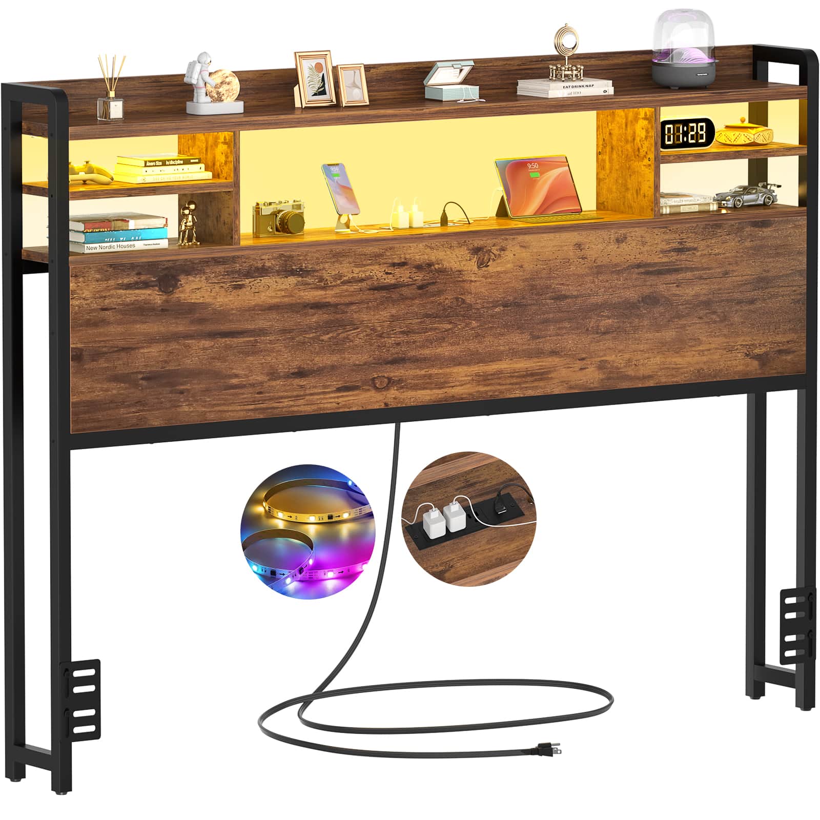 Full Size Headboard with Bookcase Storage, LED Light and Power Outlets