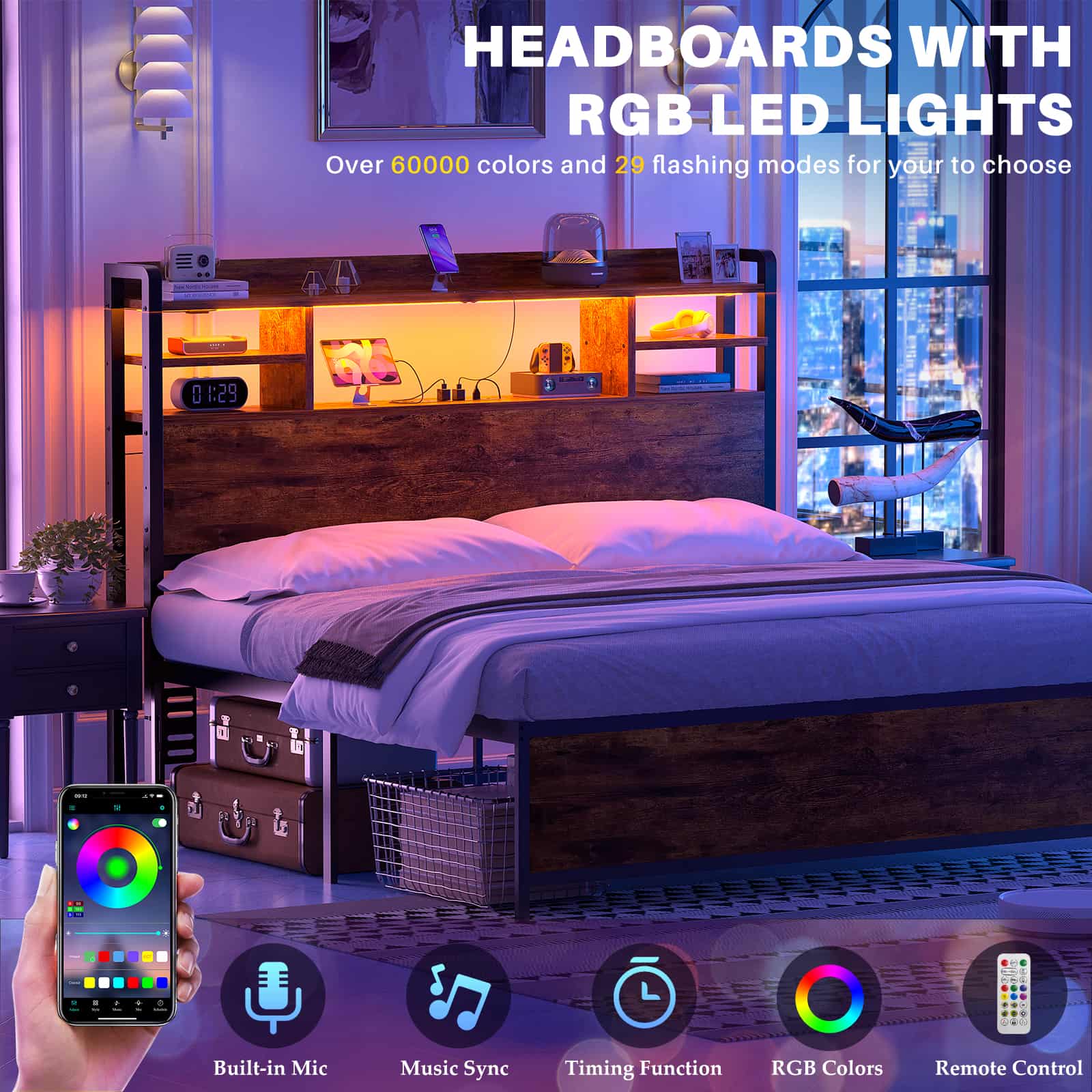 Full Size Headboard with Bookcase Storage, LED Light and Power Outlets