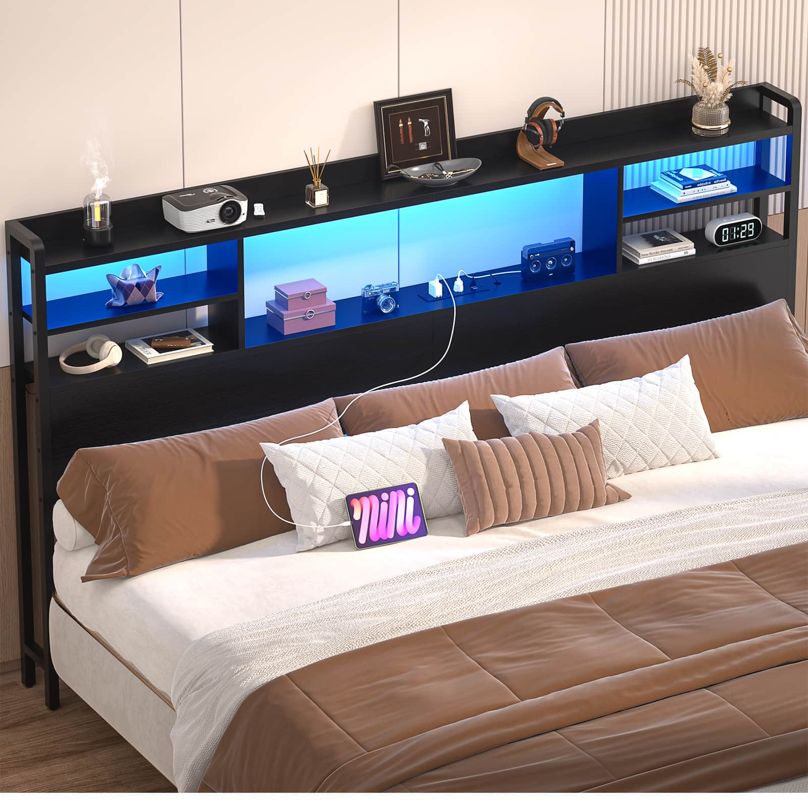 King Headboard Only, with Charging Station and LED Lights