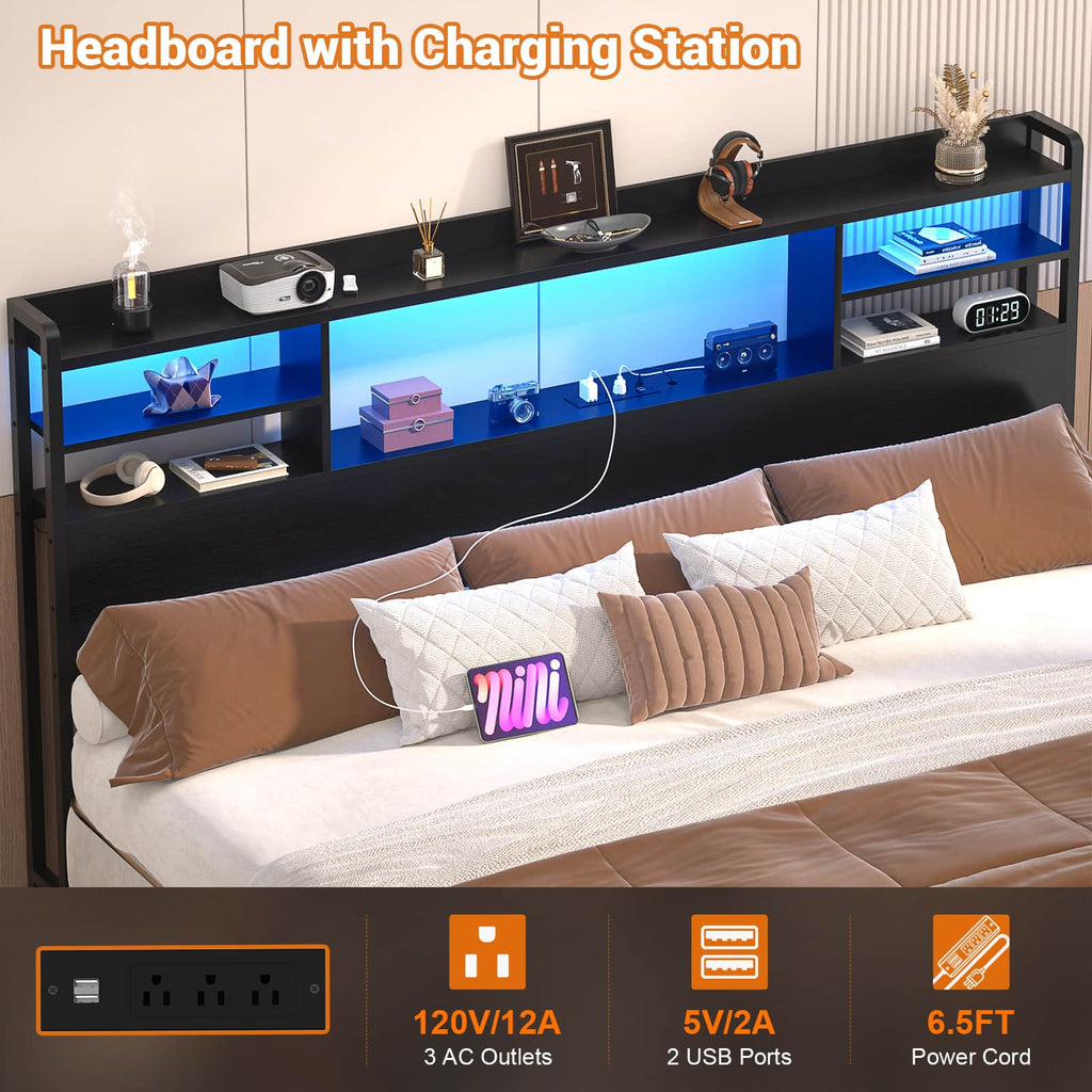 King Headboard Only, with Charging Station and LED Lights