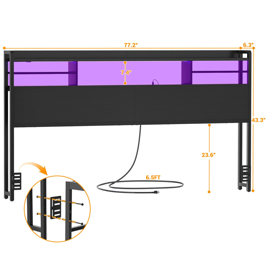 King Headboard Only, with Charging Station and LED Lights
