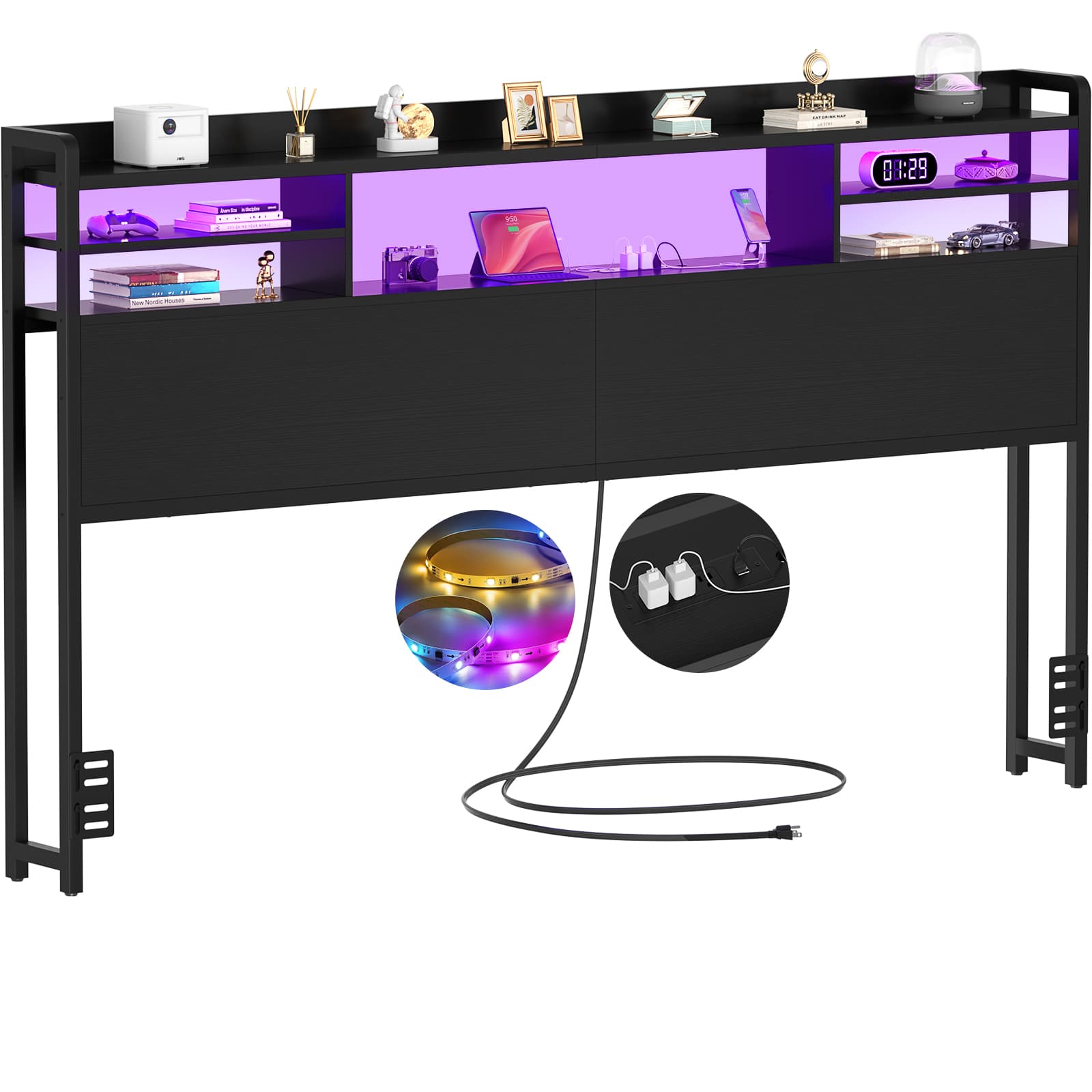King Headboard Only, with Charging Station and LED Lights