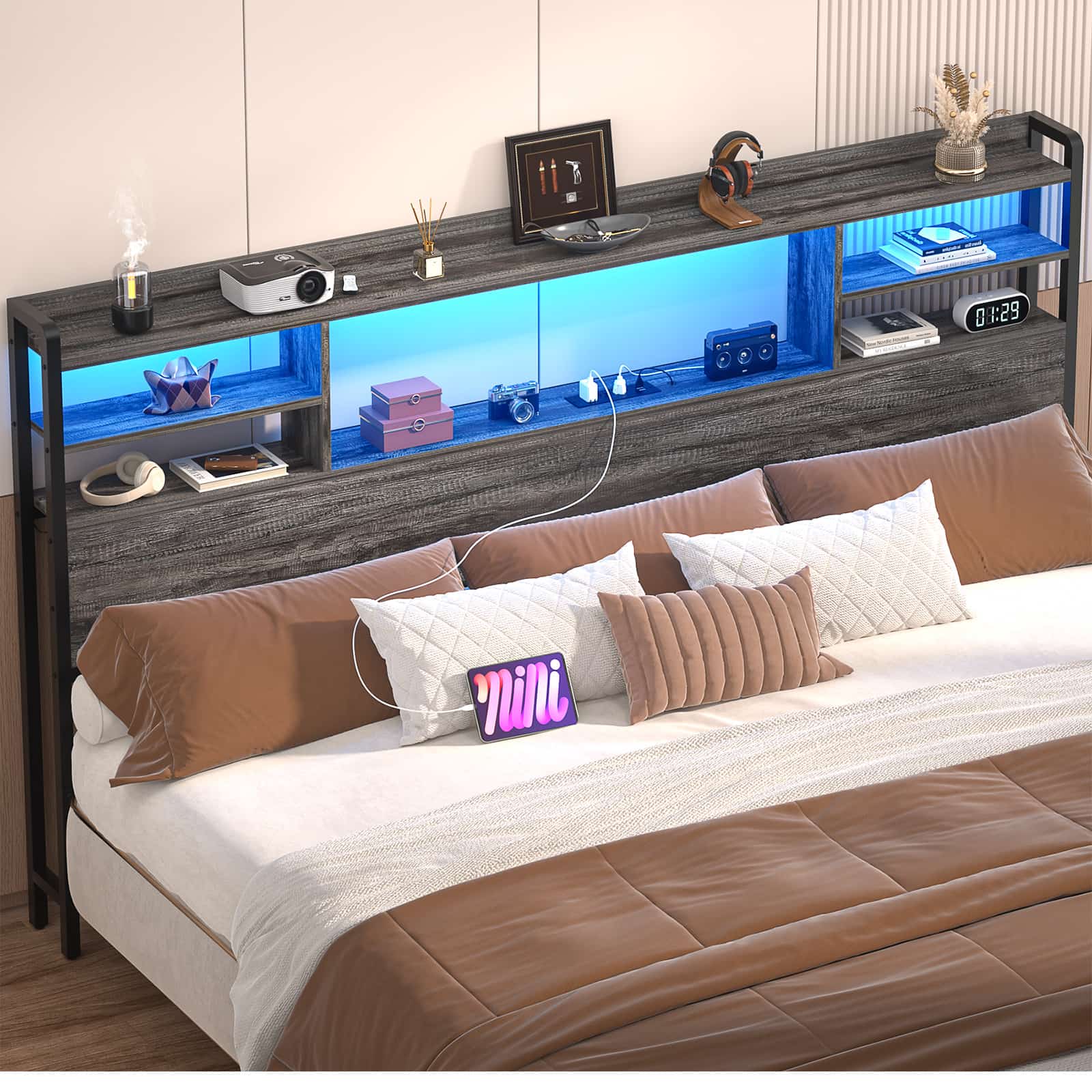 King Headboard Only, with Charging Station and LED Lights