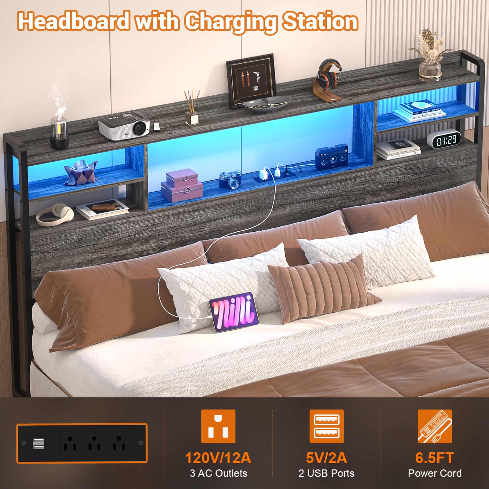 King Headboard Only, with Charging Station and LED Lights