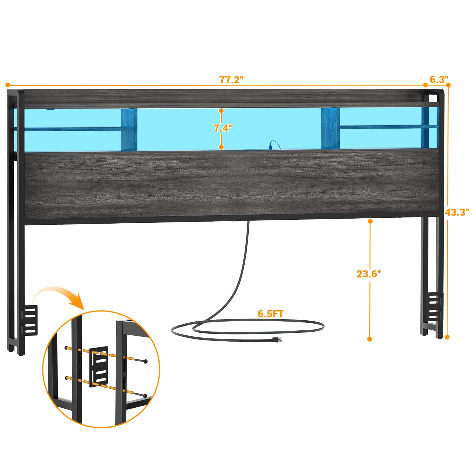 King Headboard Only, with Charging Station and LED Lights