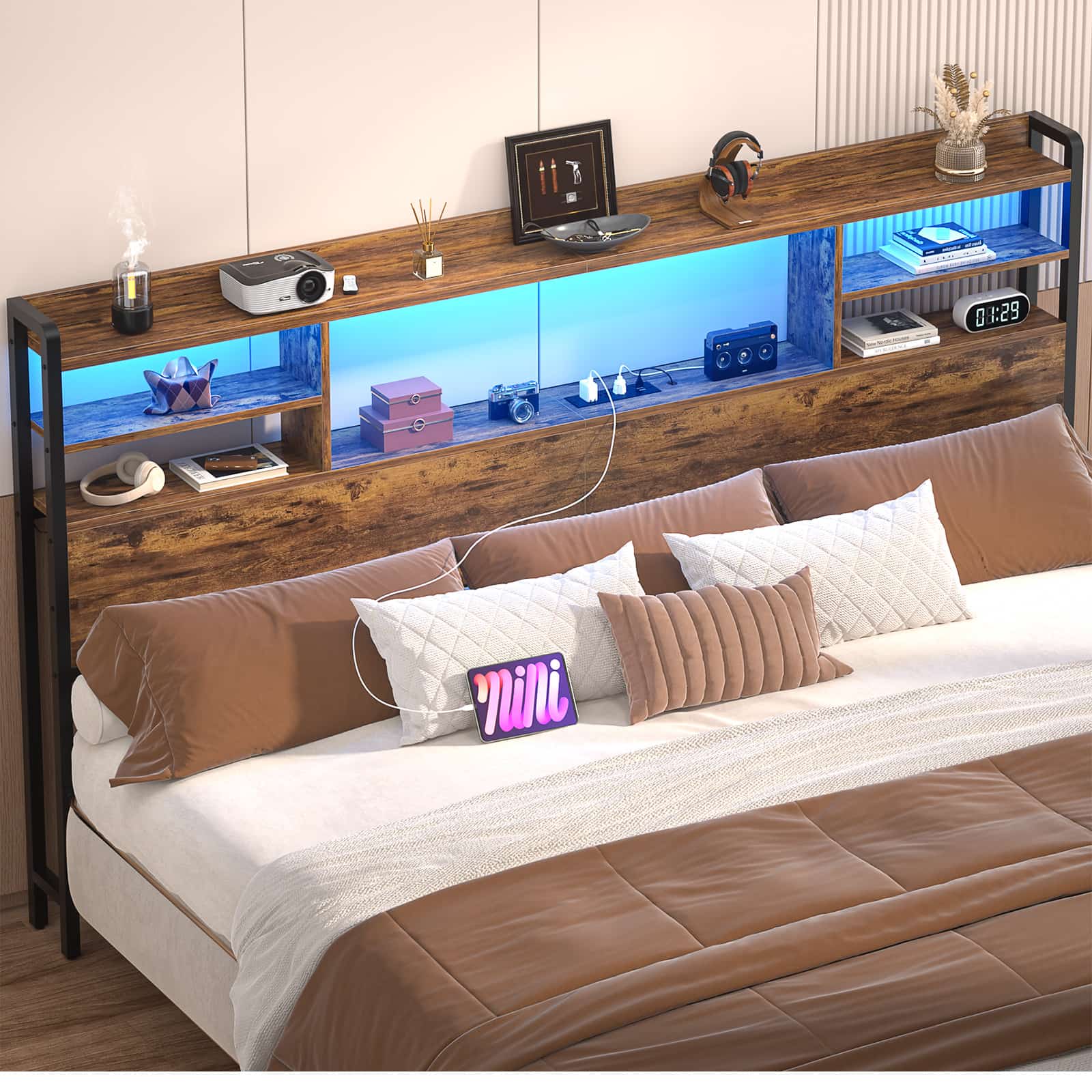 King Headboard Only, with Charging Station and LED Lights