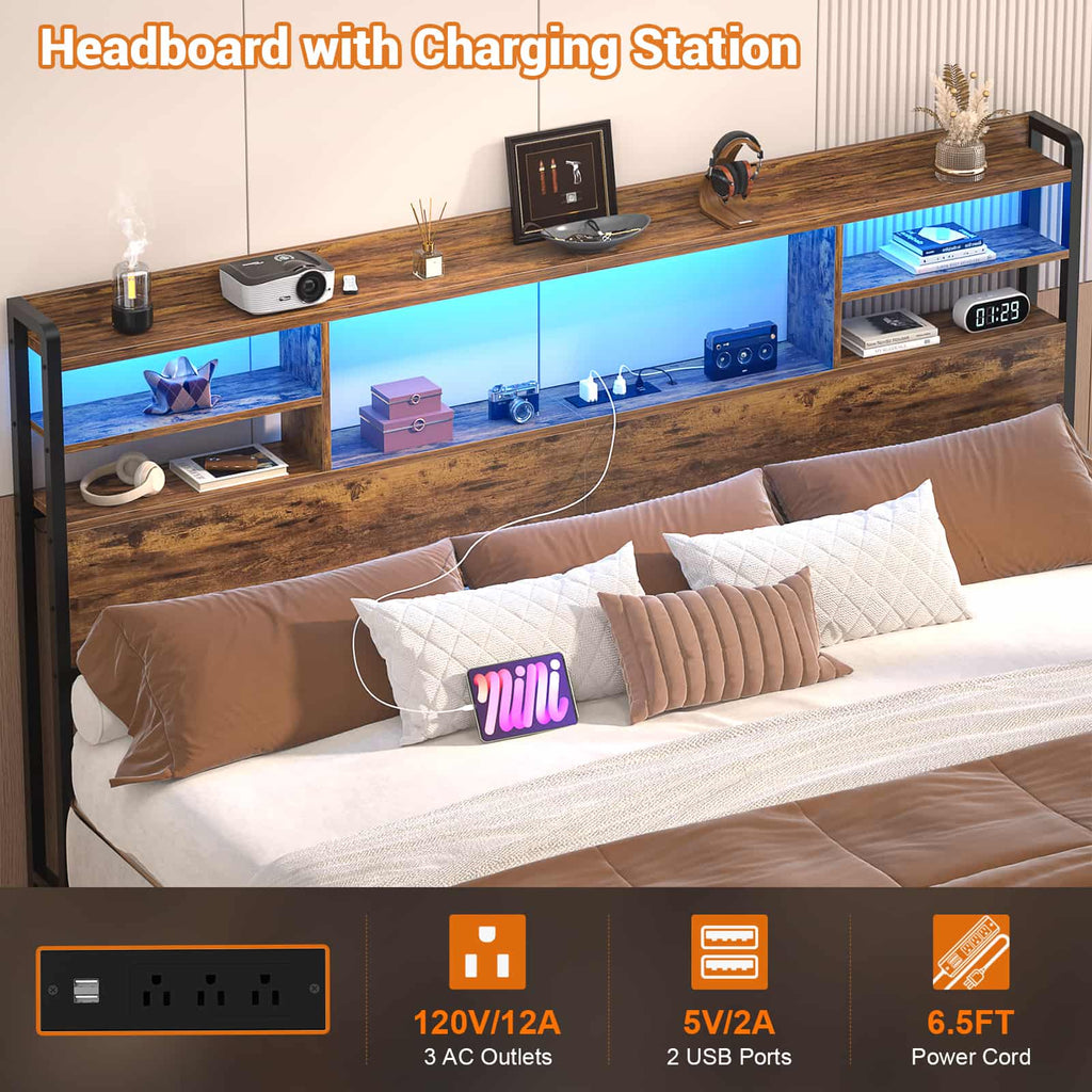 King Headboard Only, with Charging Station and LED Lights