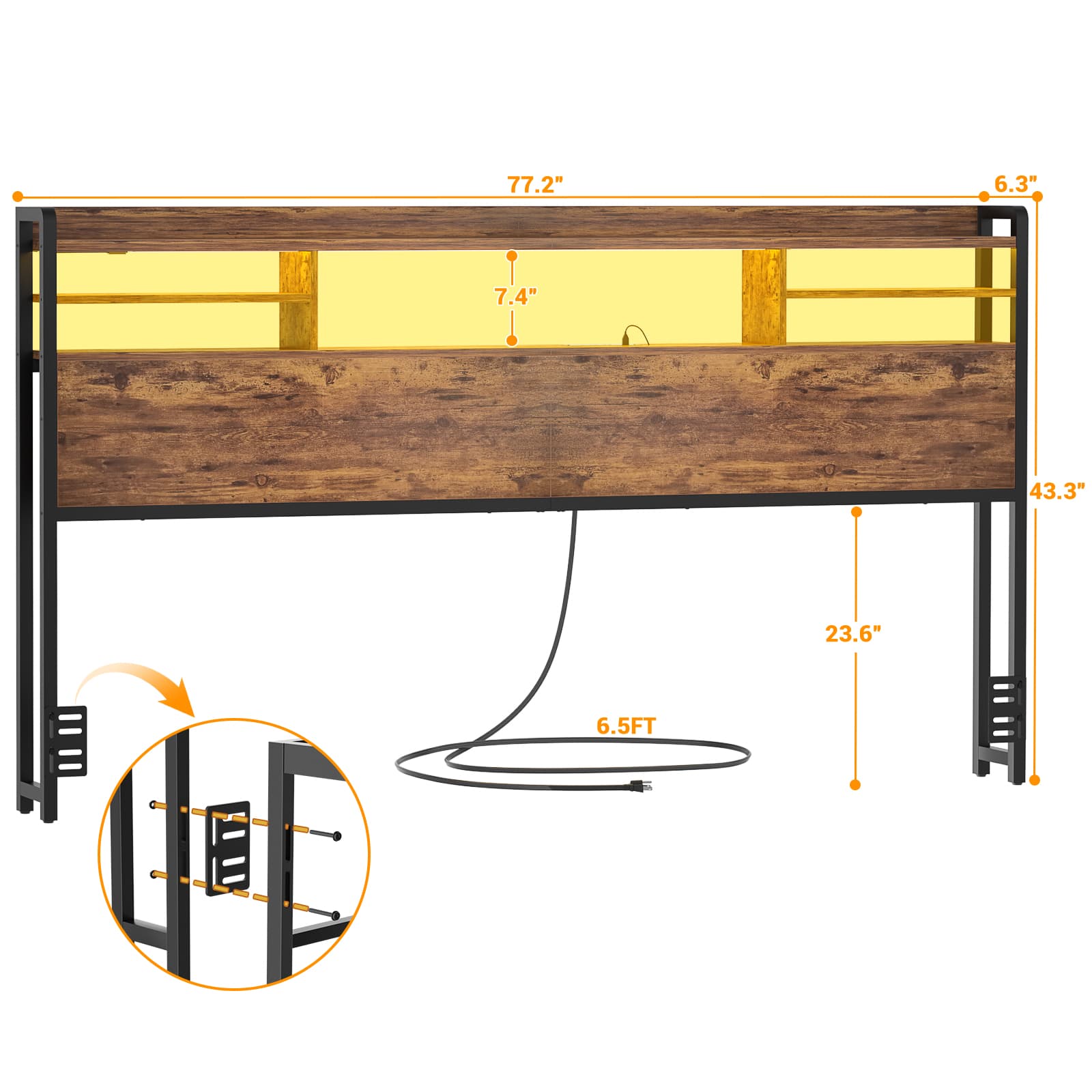 King Headboard Only, with Charging Station and LED Lights