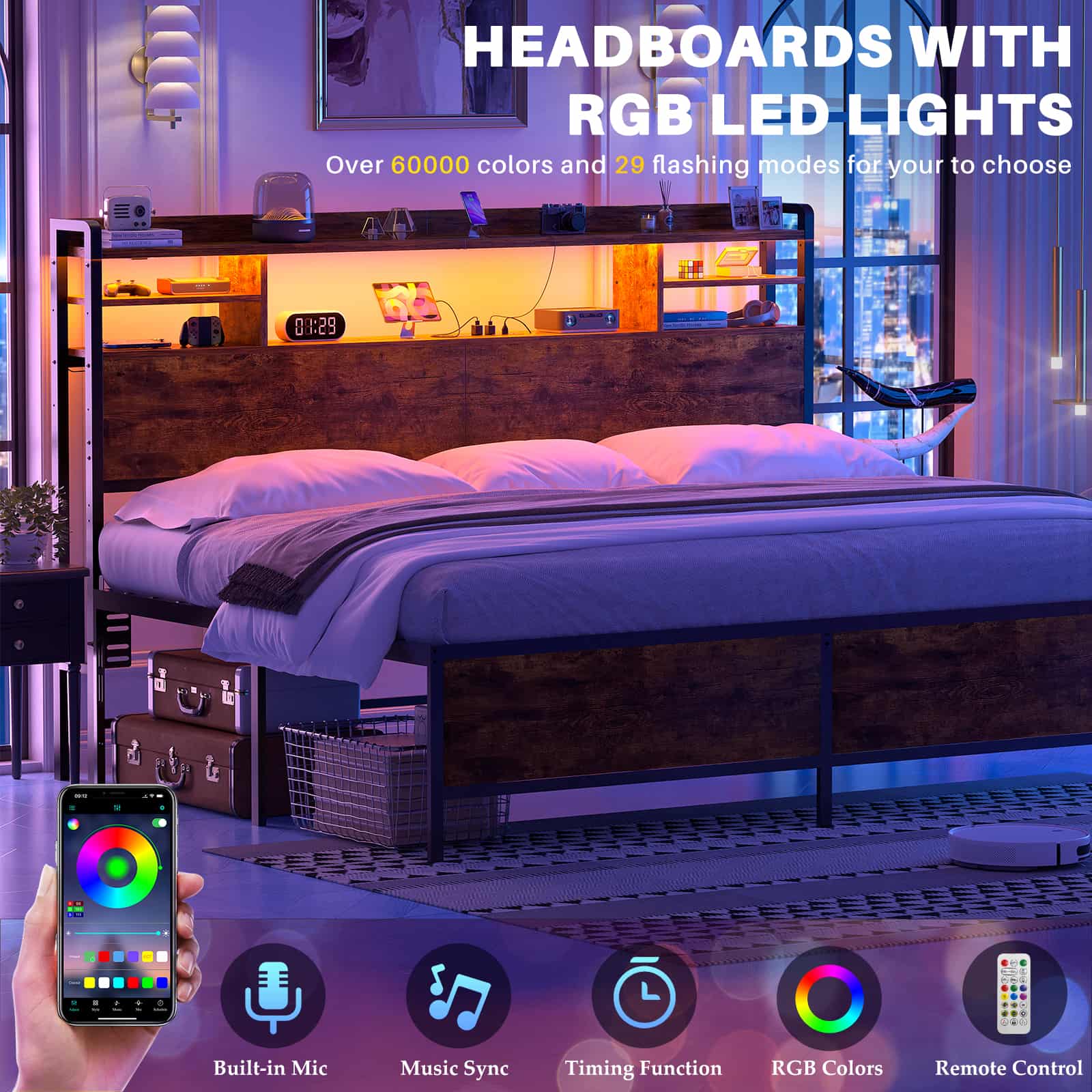 King Headboard Only, with Charging Station and LED Lights