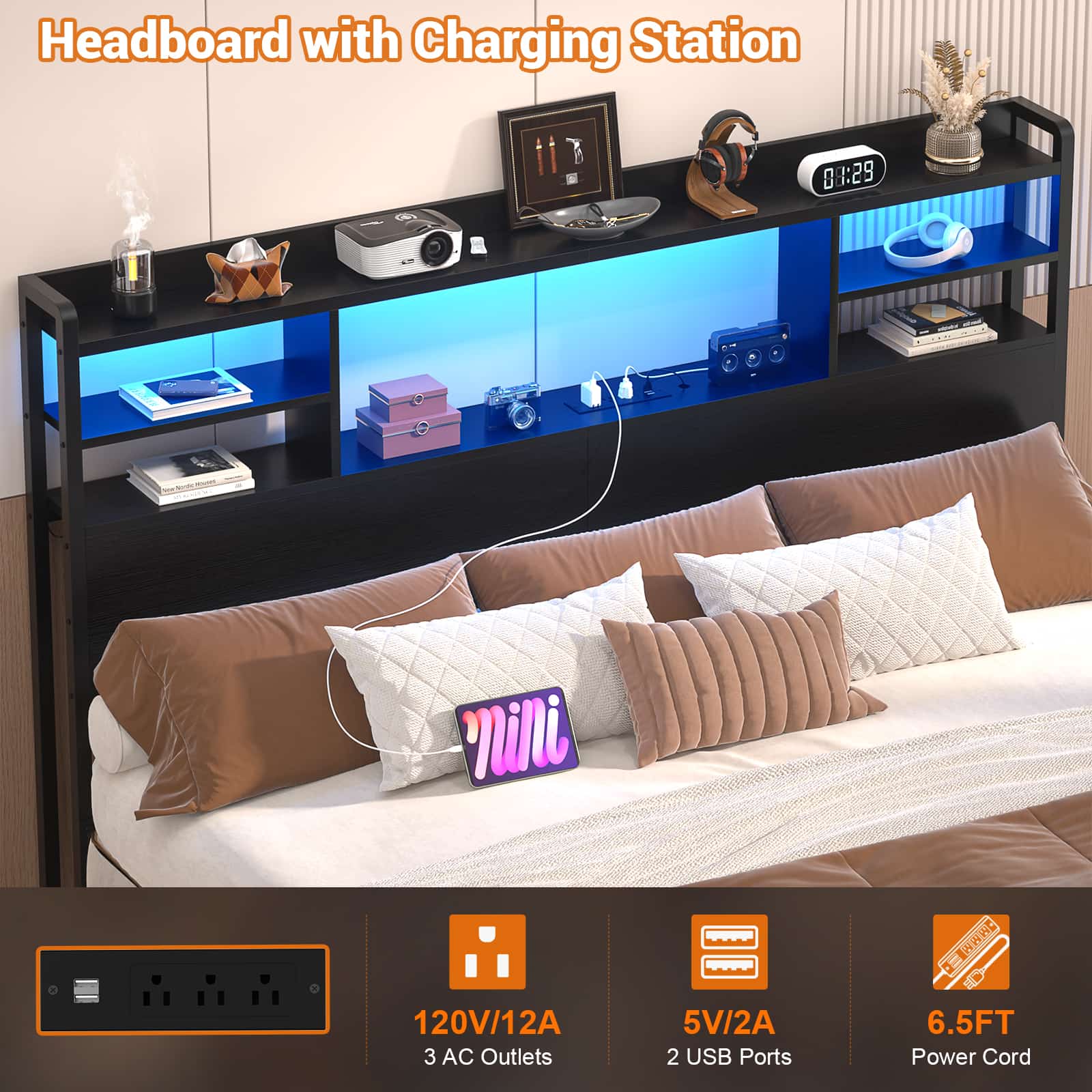 Headboard for Queen Size Bed with Bookcase Storage, LED Light and Power Outlets