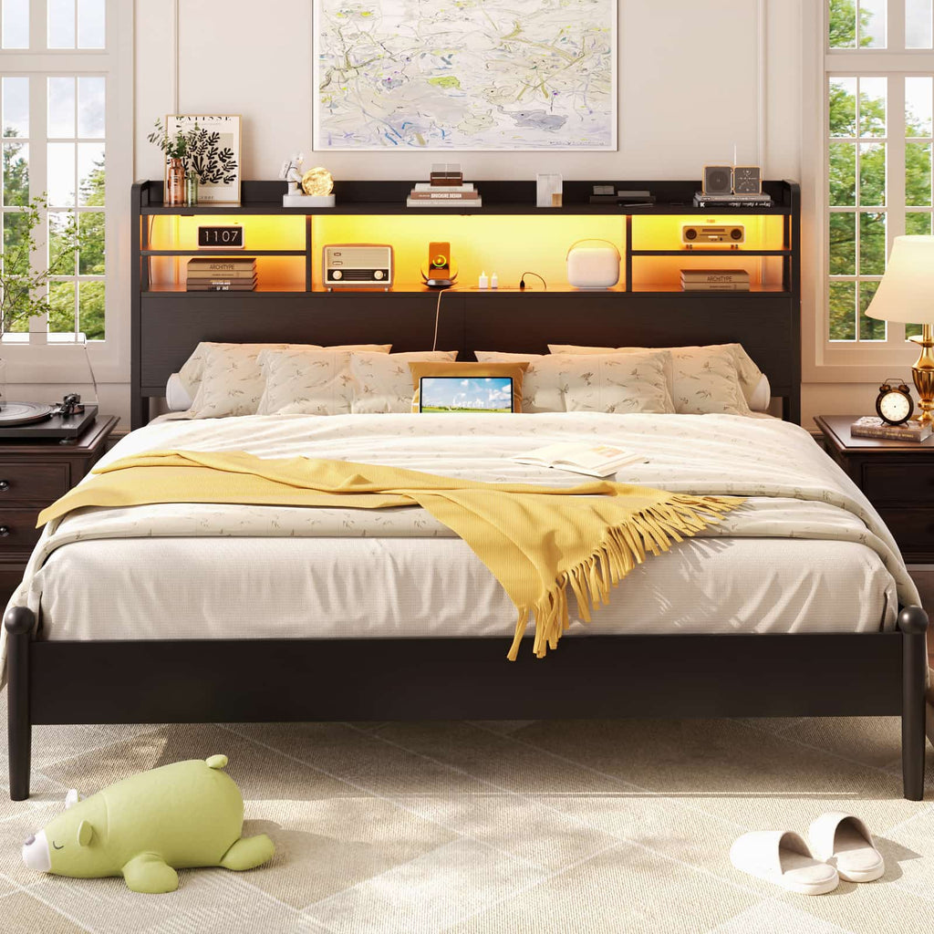 Headboard for Queen Size Bed with Bookcase Storage, LED Light and Power Outlets