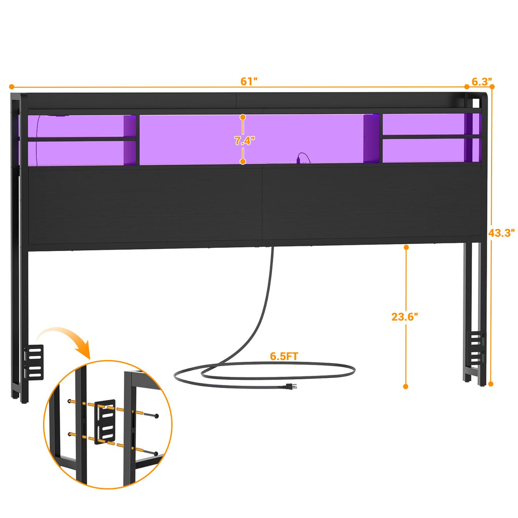 Headboard for Queen Size Bed with Bookcase Storage, LED Light and Power Outlets
