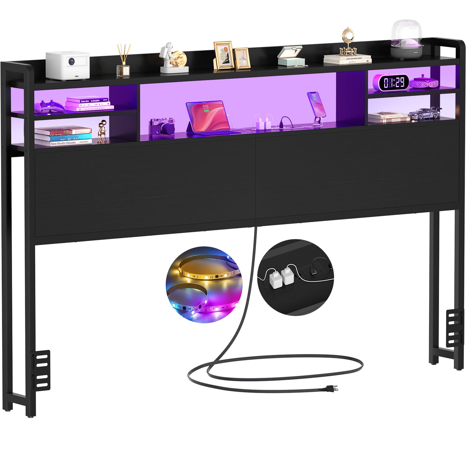 Headboard for Queen Size Bed with Bookcase Storage, LED Light and Power Outlets