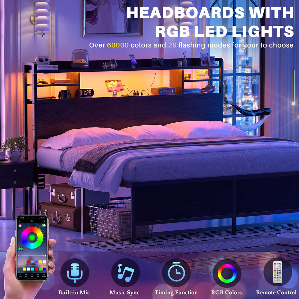 Headboard for Queen Size Bed with Bookcase Storage, LED Light and Power Outlets