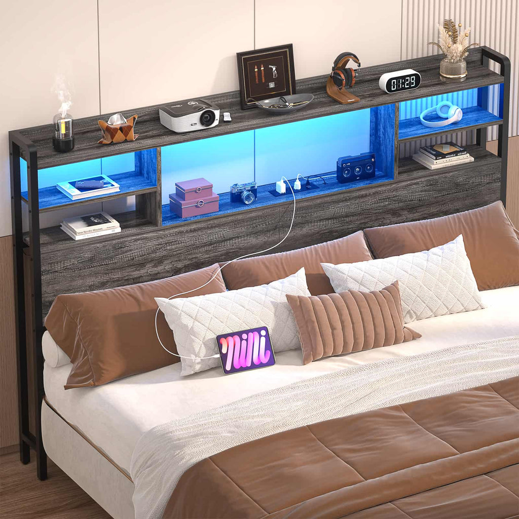 Headboard for Queen Size Bed with Bookcase Storage, LED Light and Power Outlets