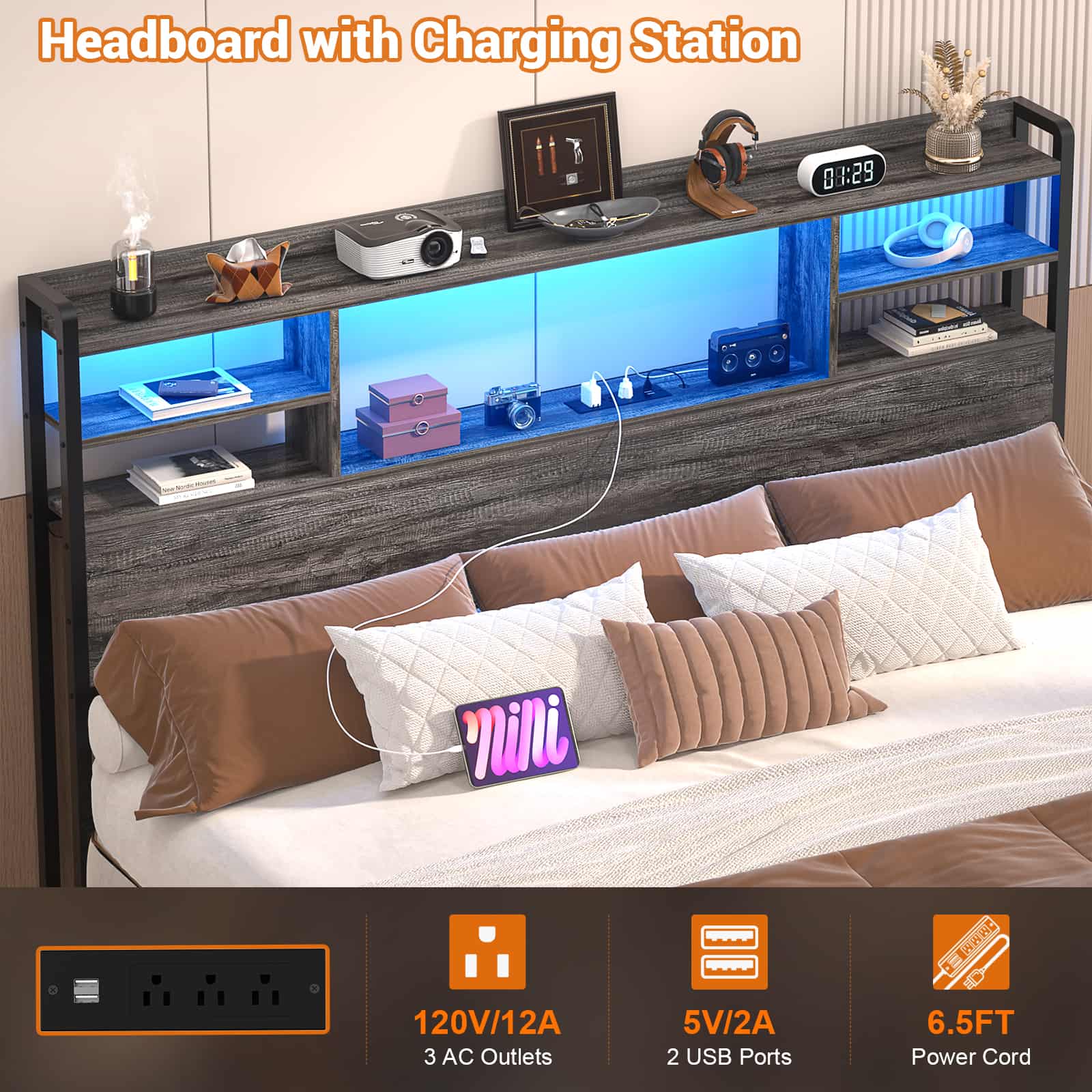 Headboard for Queen Size Bed with Bookcase Storage, LED Light and Power Outlets