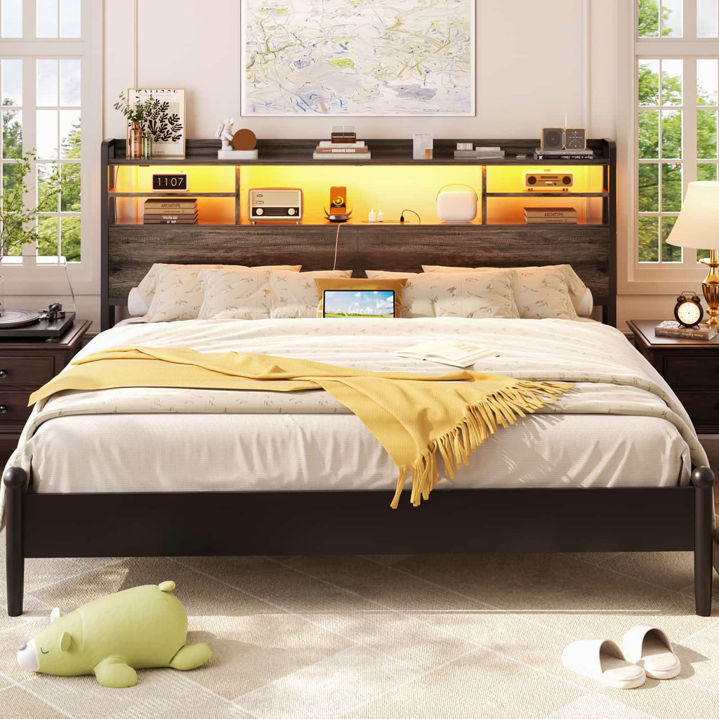 Headboard for Queen Size Bed with Bookcase Storage, LED Light and Power Outlets