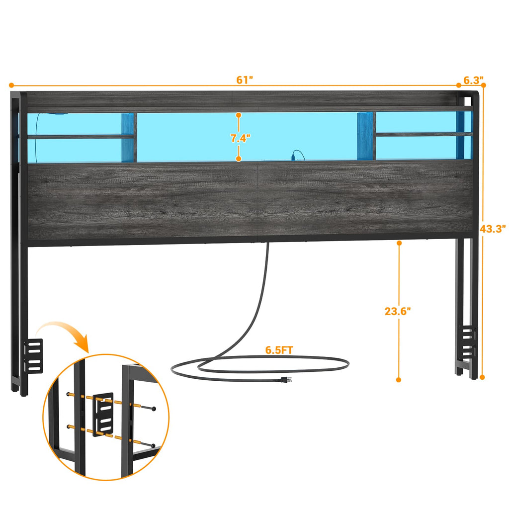 Headboard for Queen Size Bed with Bookcase Storage, LED Light and Power Outlets