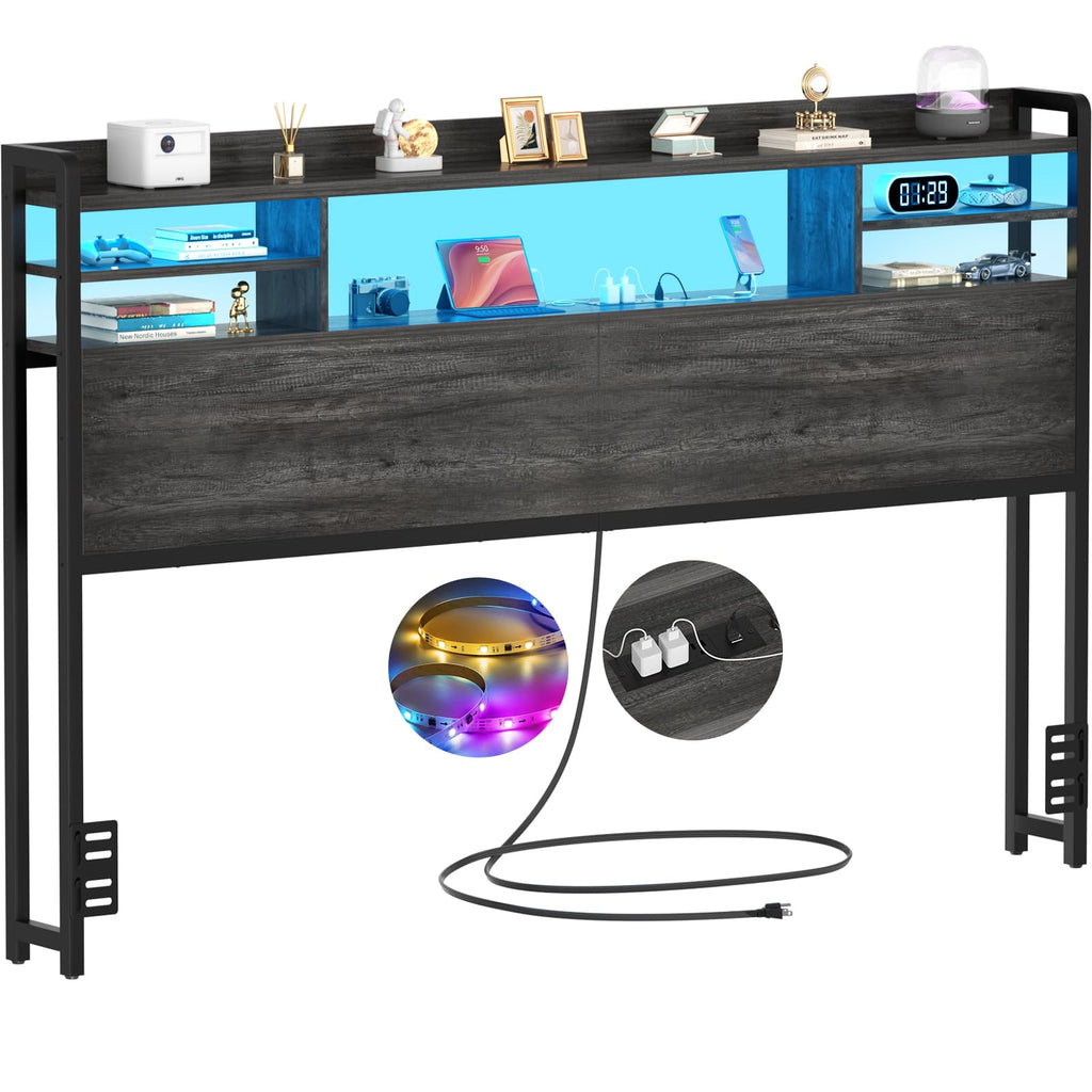 Headboard for Queen Size Bed with Bookcase Storage, LED Light and Power Outlets