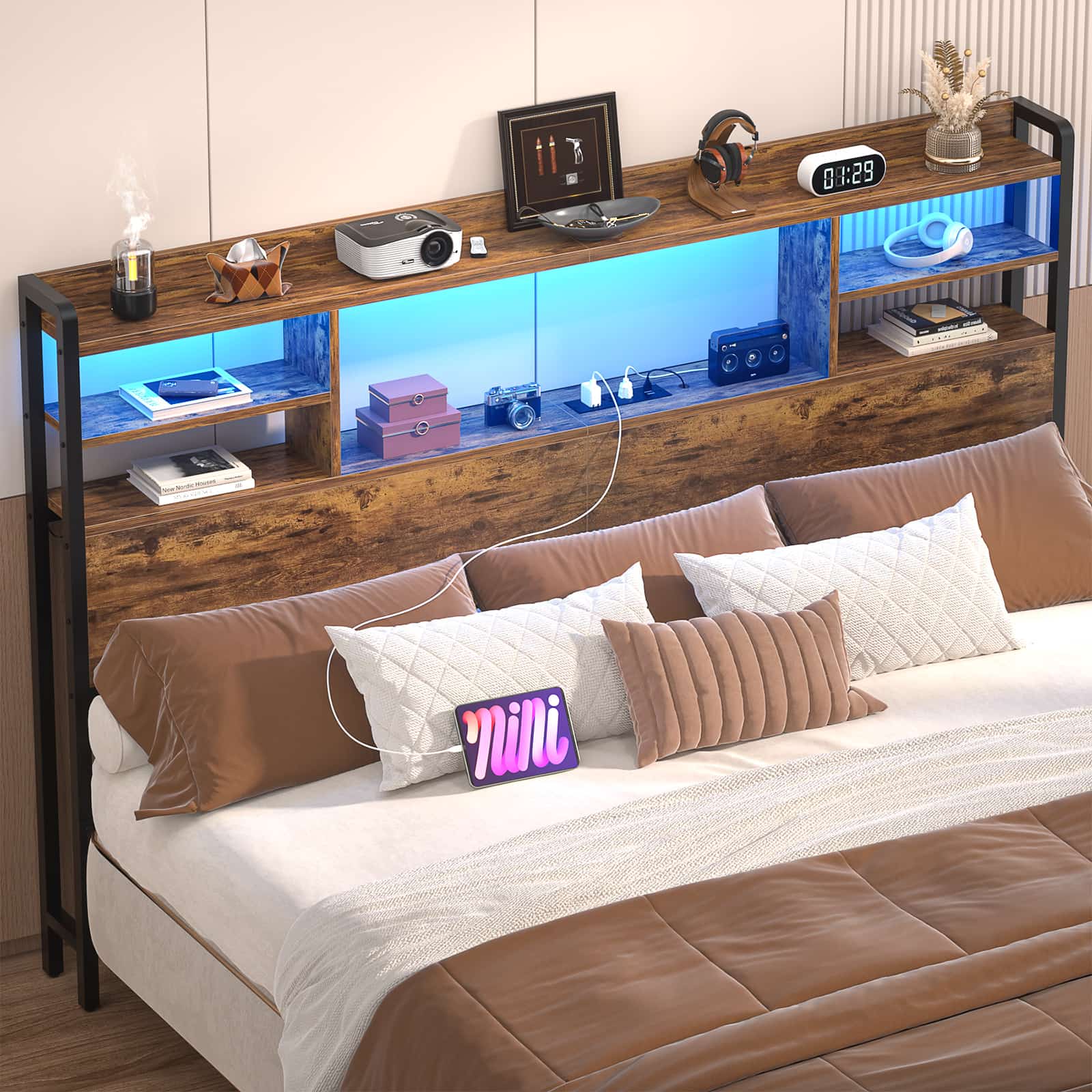 Headboard for Queen Size Bed with Bookcase Storage, LED Light and Power Outlets