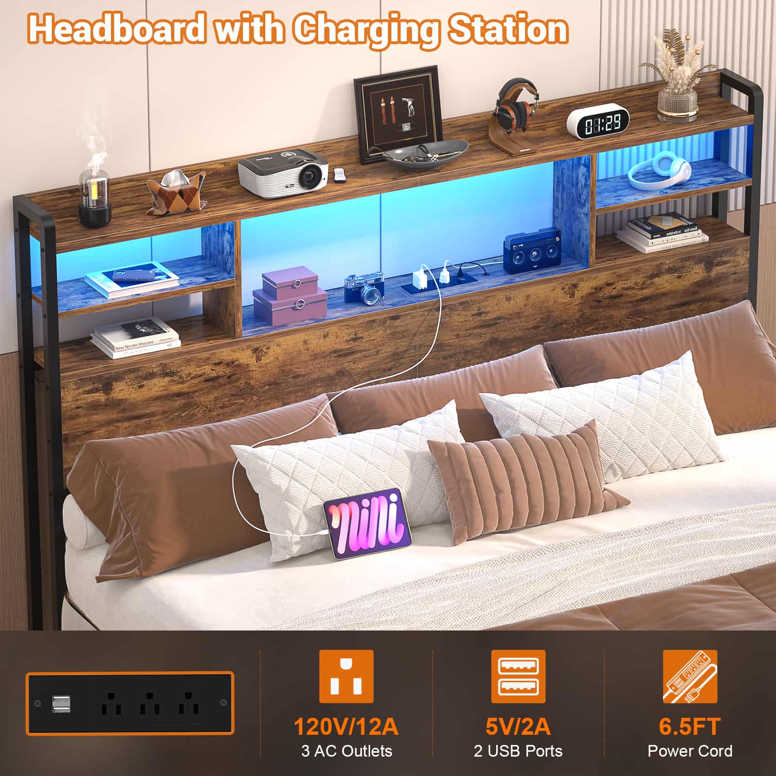 Headboard for Queen Size Bed with Bookcase Storage, LED Light and Power Outlets