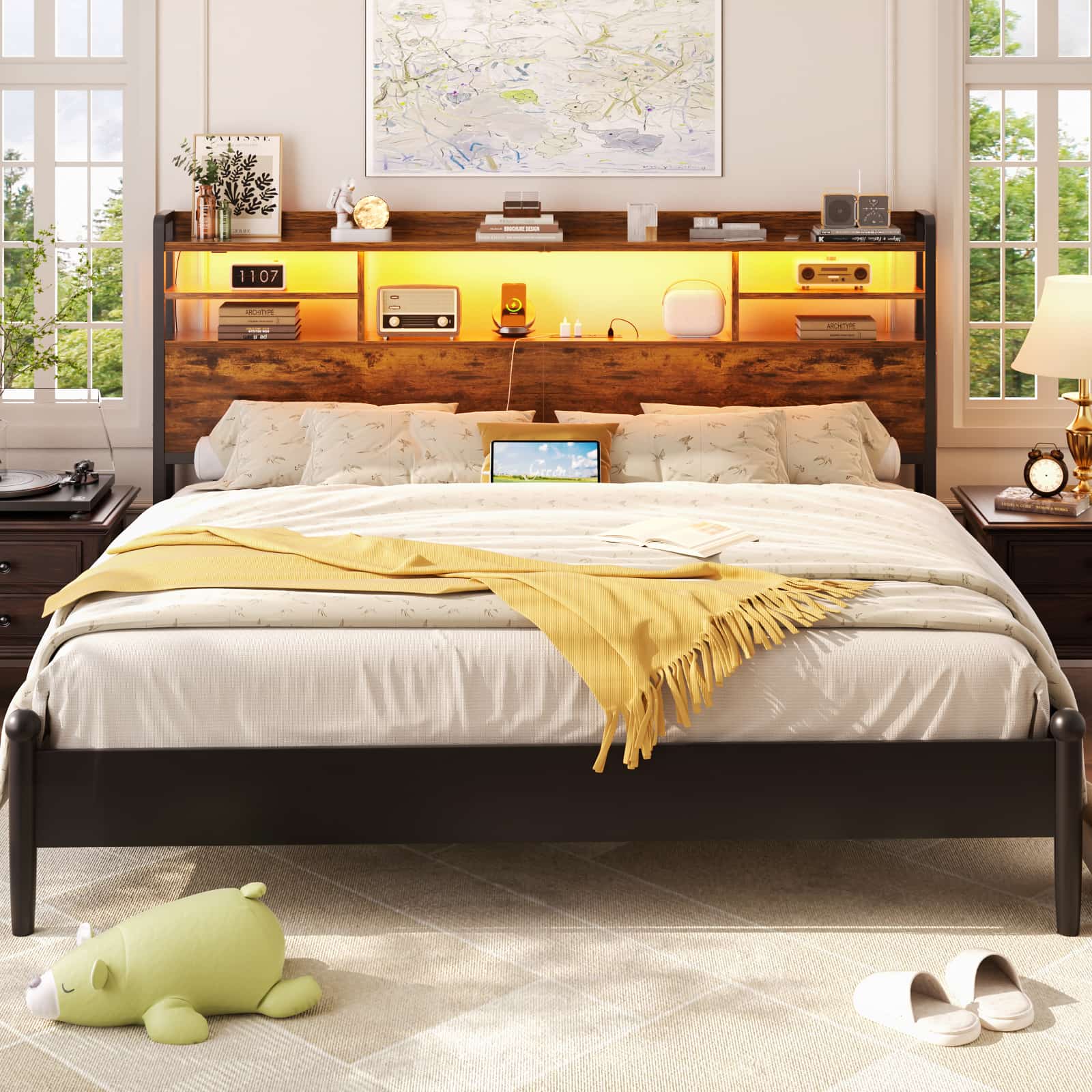 Headboard for Queen Size Bed with Bookcase Storage, LED Light and Power Outlets