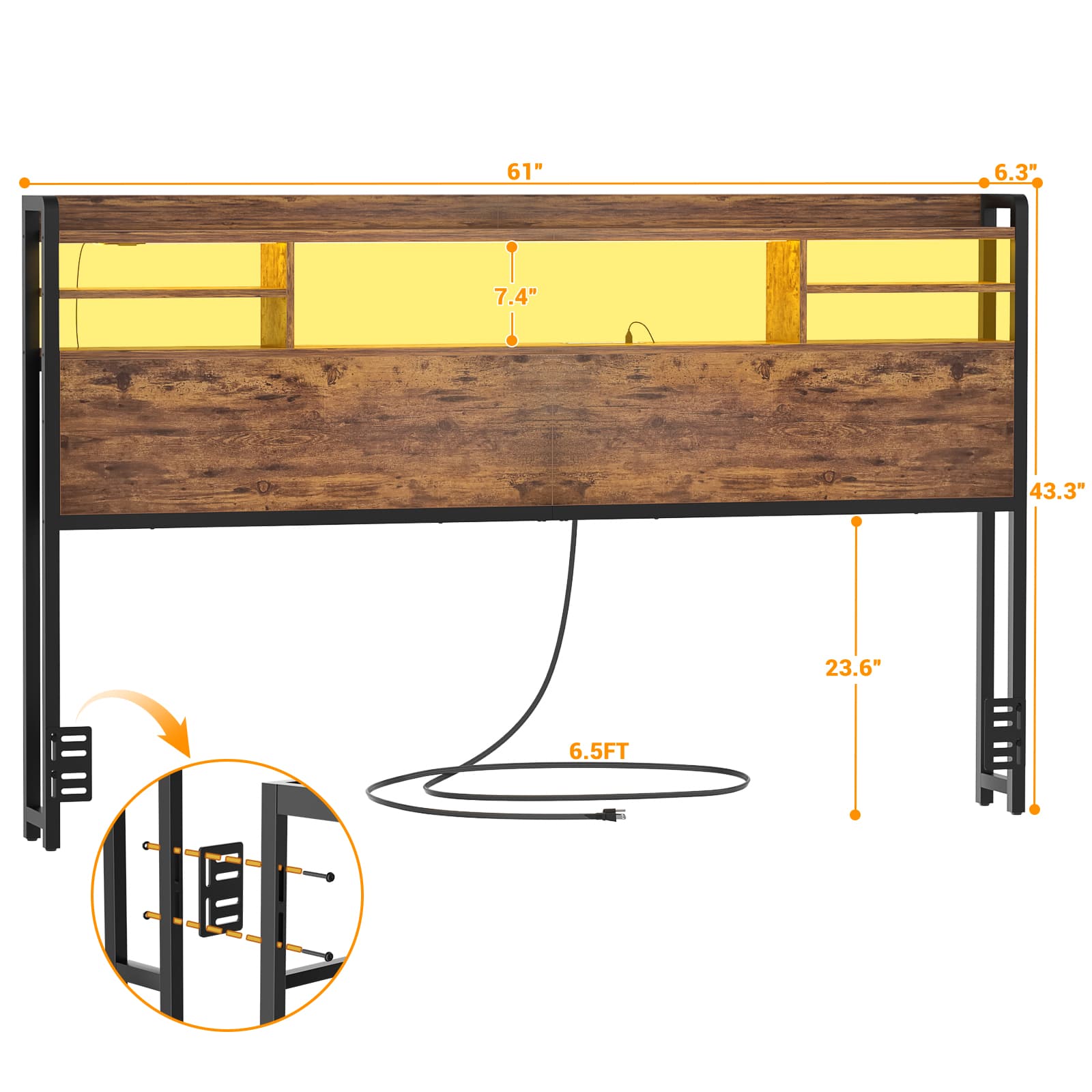 Headboard for Queen Size Bed with Bookcase Storage, LED Light and Power Outlets