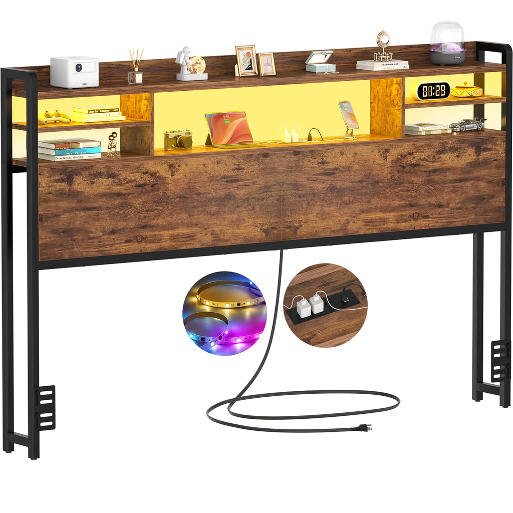 Headboard for Queen Size Bed with Bookcase Storage, LED Light and Power Outlets
