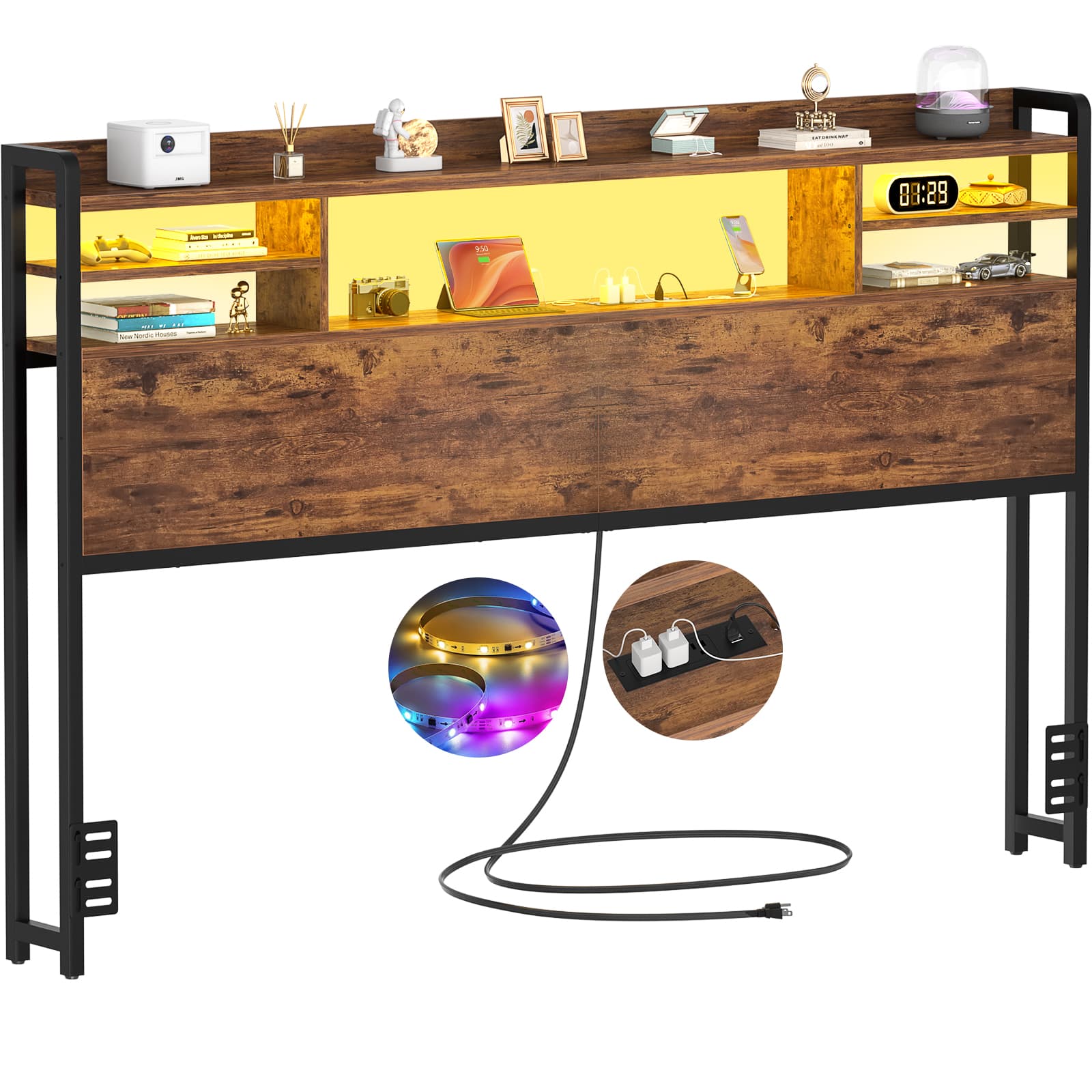 Headboard for Queen Size Bed with Bookcase Storage, LED Light and Power Outlets