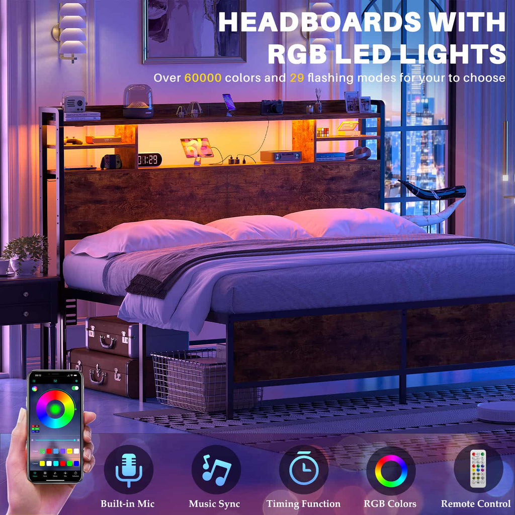 Headboard for Queen Size Bed with Bookcase Storage, LED Light and Power Outlets