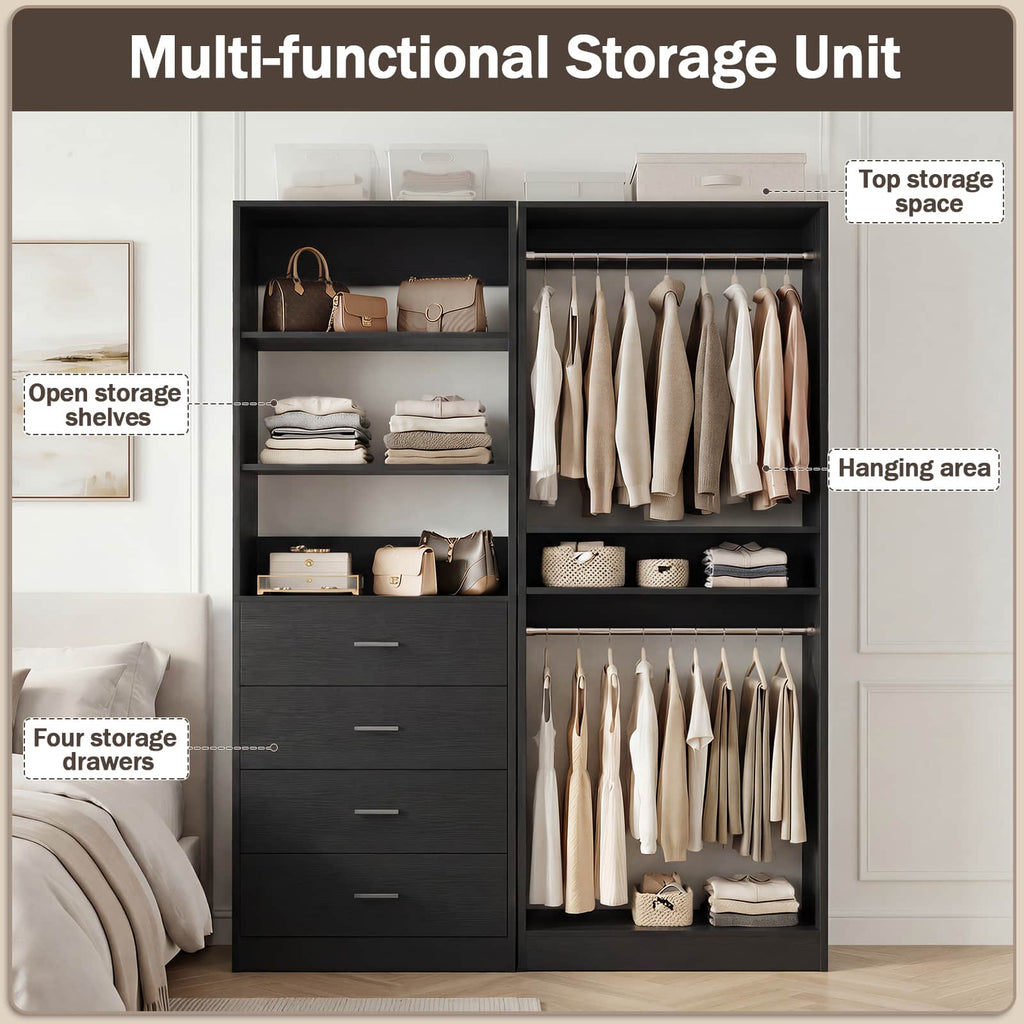 46.3''W 2-Piece Closet Organizer with Hanging Rods and 4 Drawers