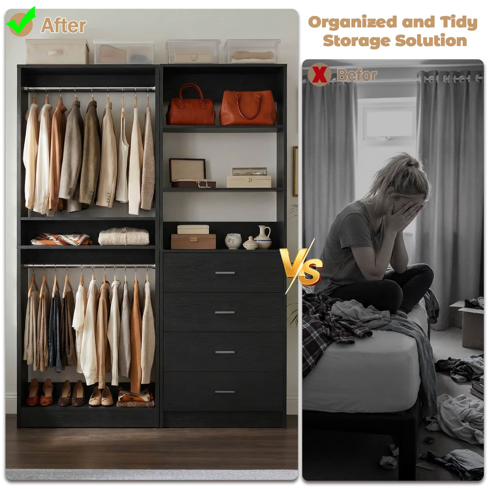 46.3''W 2-Piece Closet Organizer with Hanging Rods and 4 Drawers