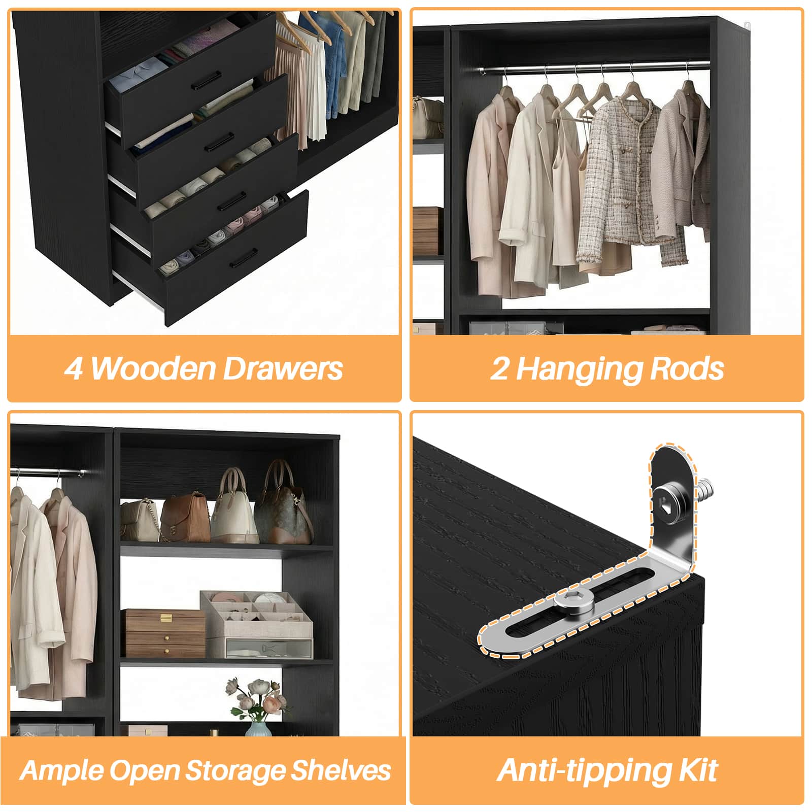 46.3''W 2-Piece Closet Organizer with Hanging Rods and 4 Drawers