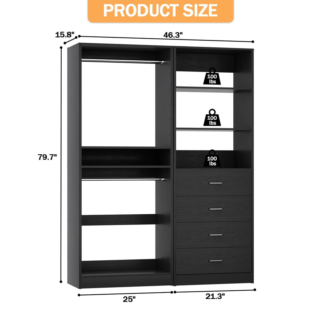 46.3''W 2-Piece Closet Organizer with Hanging Rods and 4 Drawers